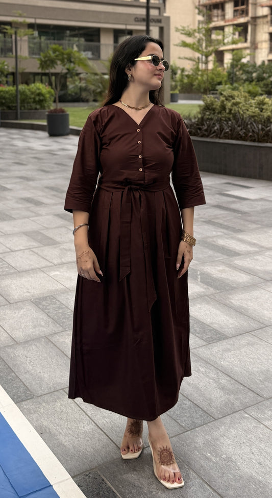 Brown A-line Cotton Dress