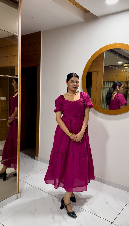 WINE MULMUL GATHERED SHIFT DRESS