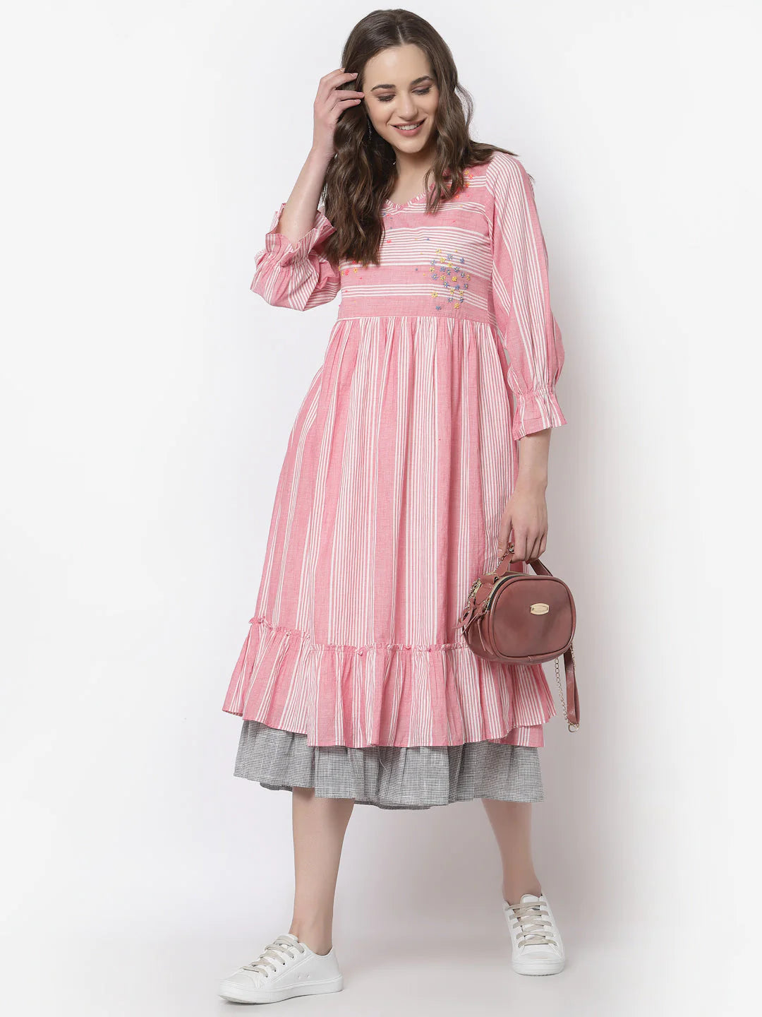 Pink stripes A-Line dress with hand embroidery