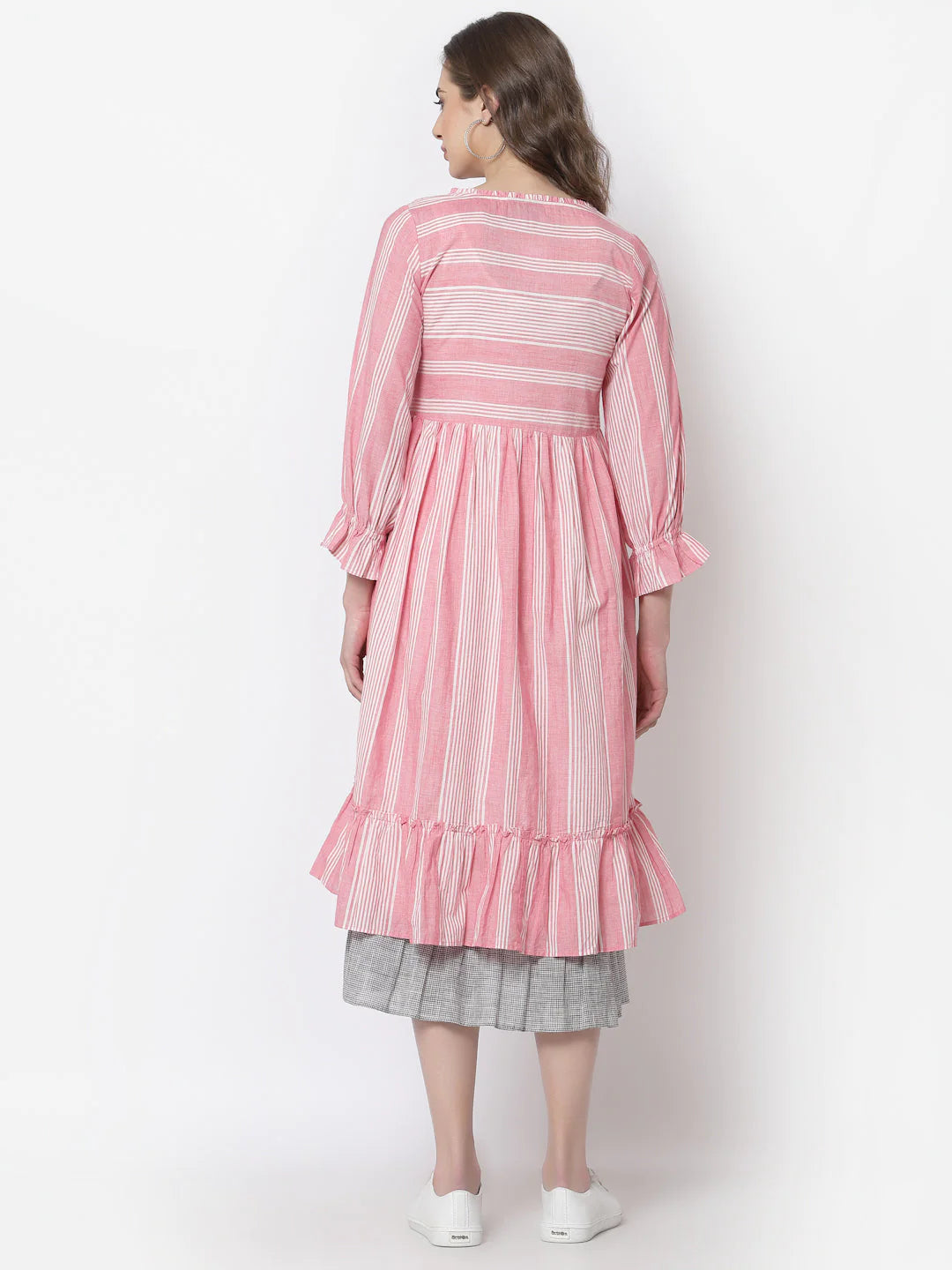 Pink stripes A-Line dress with hand embroidery