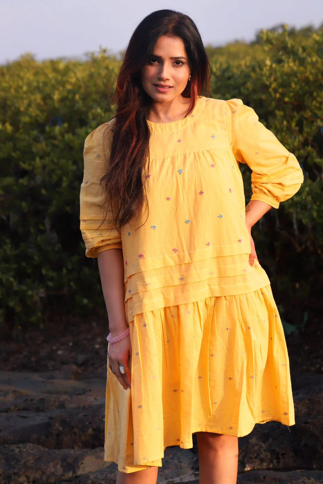 Cotton Dobby Yellow Dress