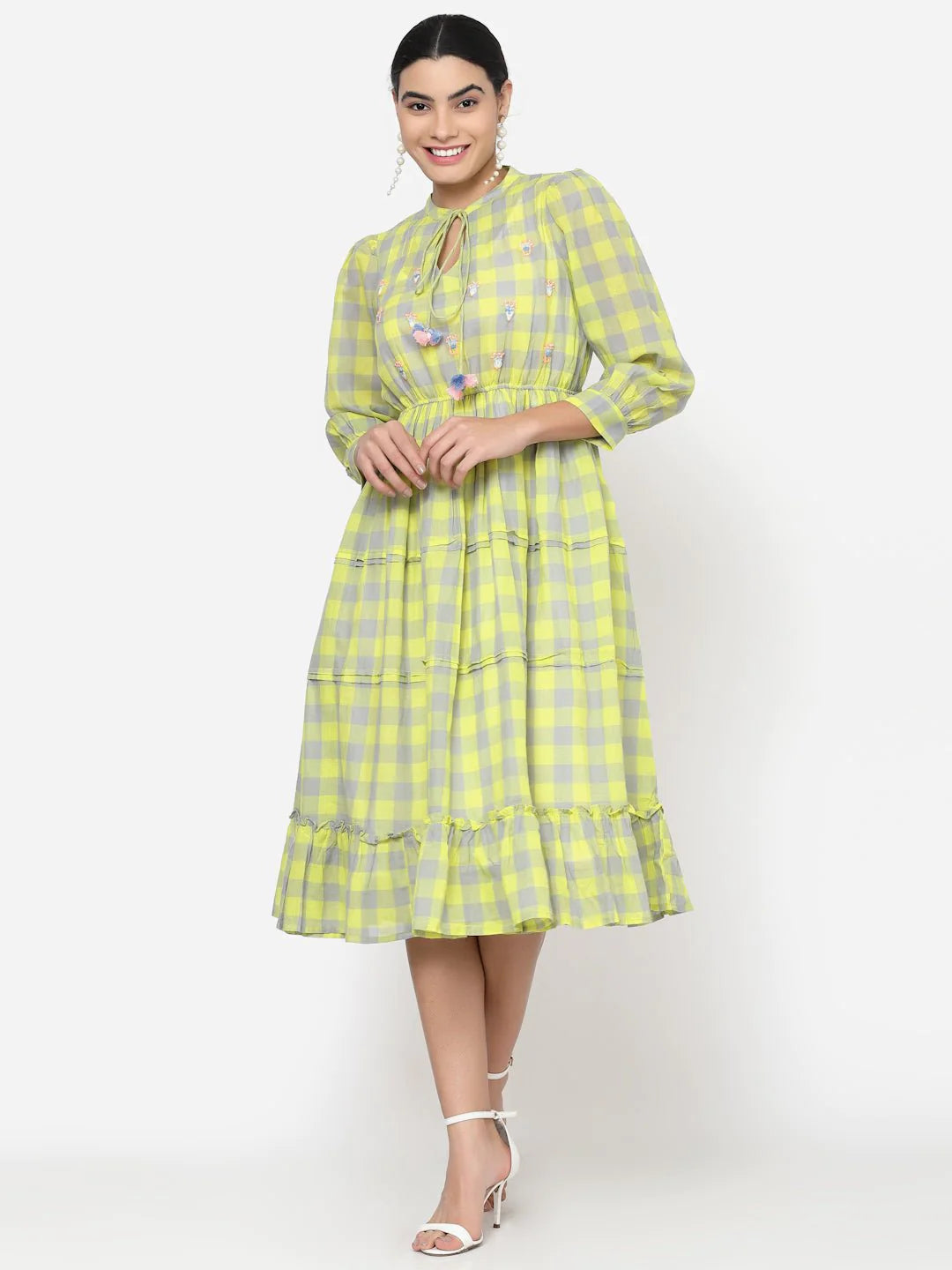 Green Checks Tiered Midi Dress with Embroidery