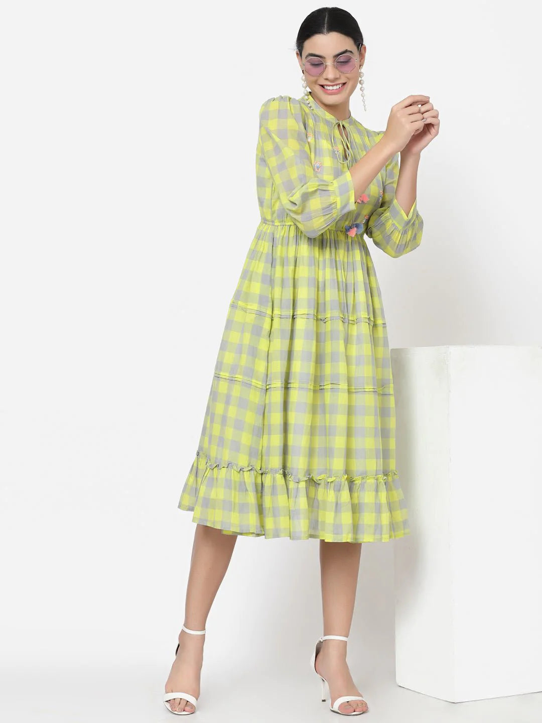 Green Checks Tiered Midi Dress with Embroidery