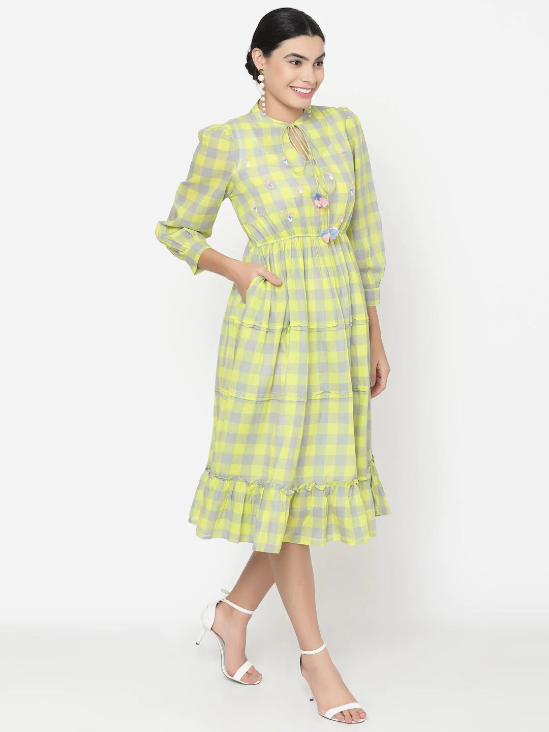 Green Checks Tiered Midi Dress with Embroidery