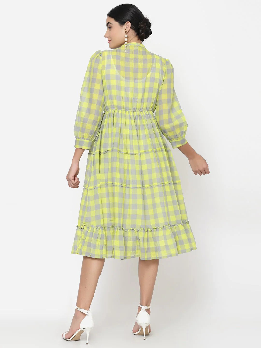 Green Checks Tiered Midi Dress with Embroidery