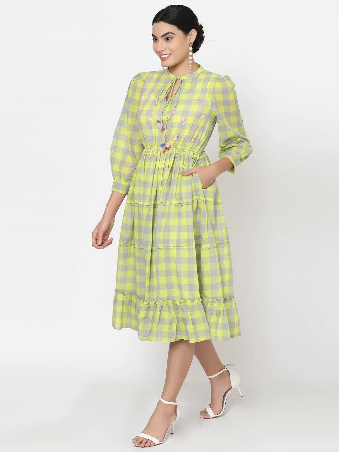 Green Checks Tiered Midi Dress with Embroidery