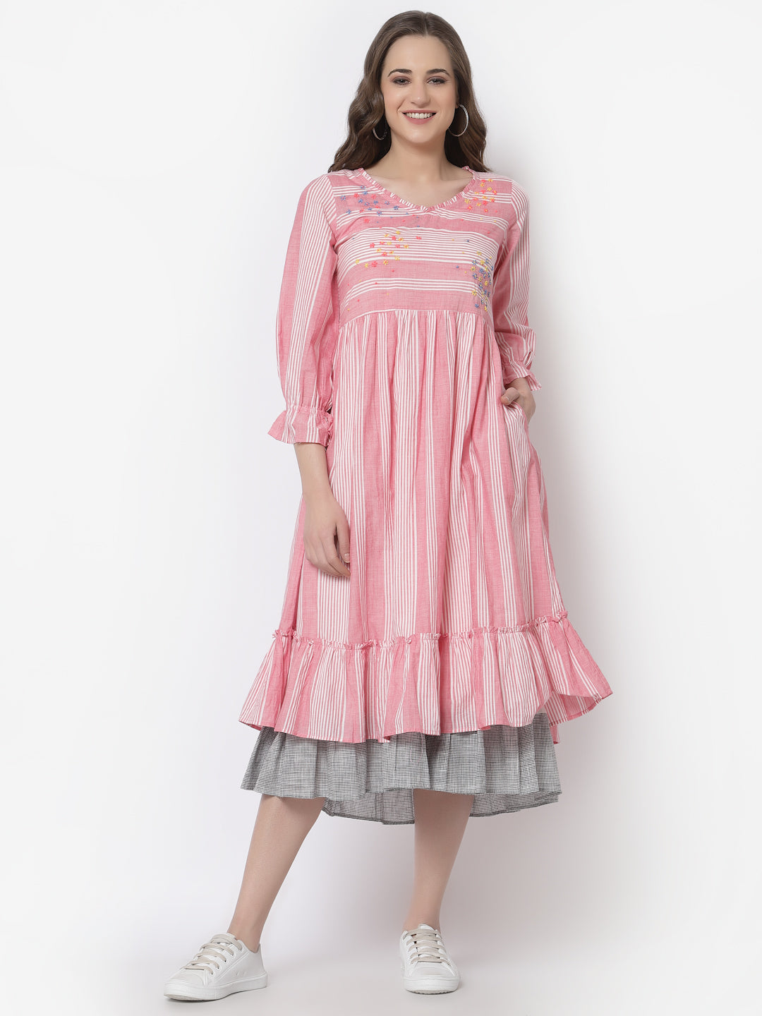 Pink stripes A-Line dress with hand embroidery