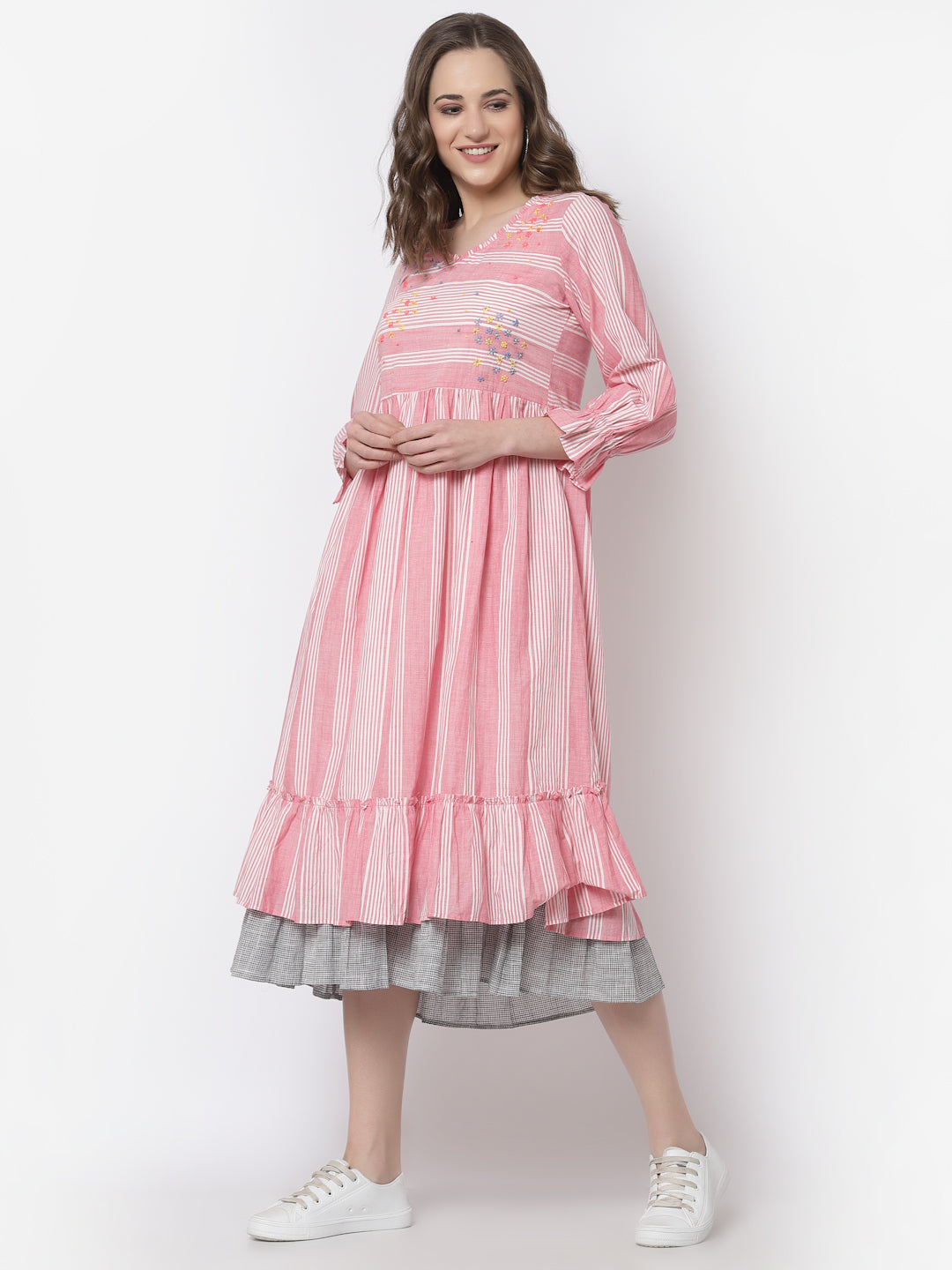 Pink stripes A-Line dress with hand embroidery