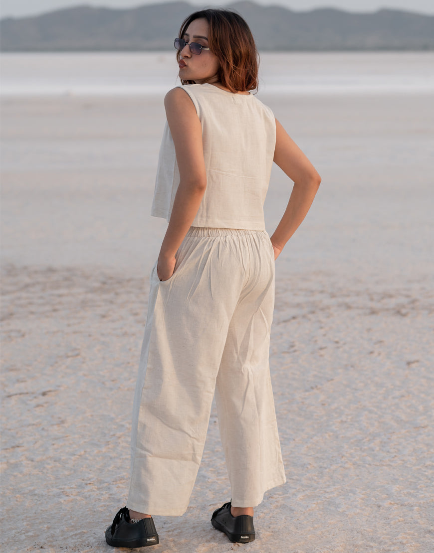 Khadi Cream Co-ord Set Plazzo & Crop Top