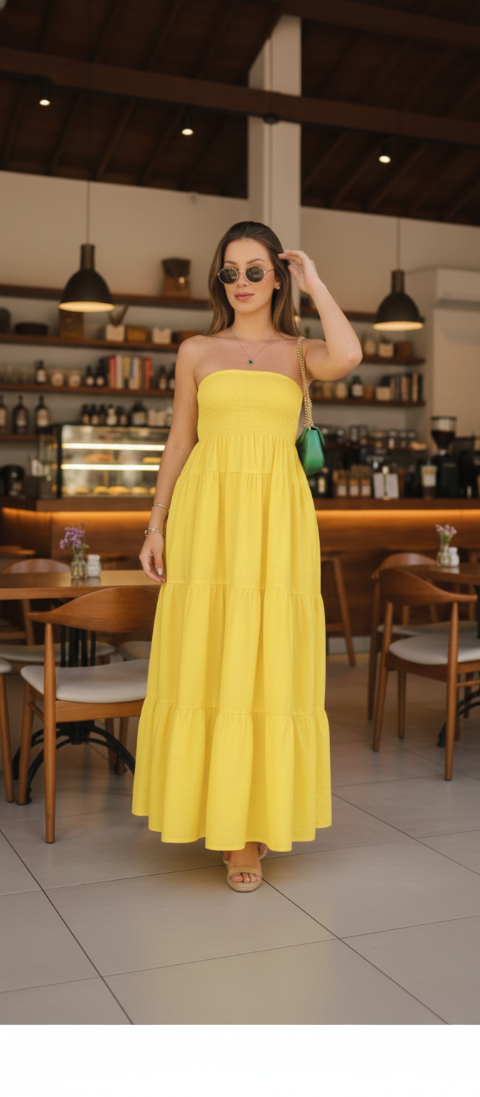 Lemon Yellow Smoked Strapless Maxi Dress