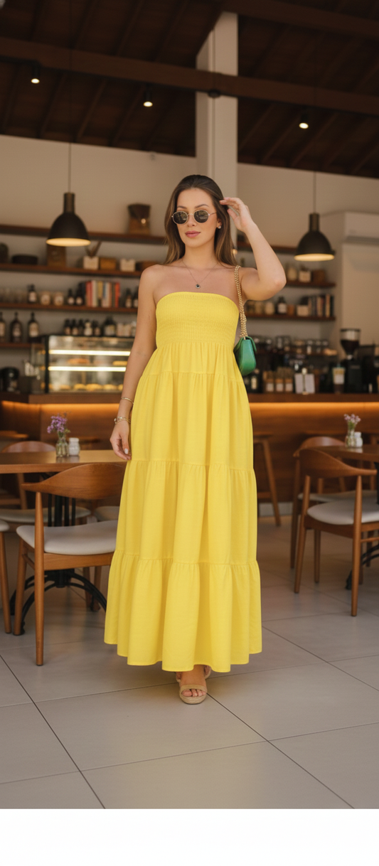 Lemon Yellow Smoked Strapless Maxi Dress
