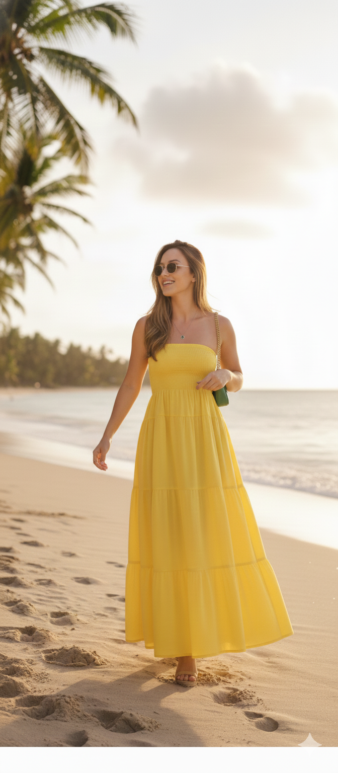 Lemon Yellow Smoked Strapless Maxi Dress