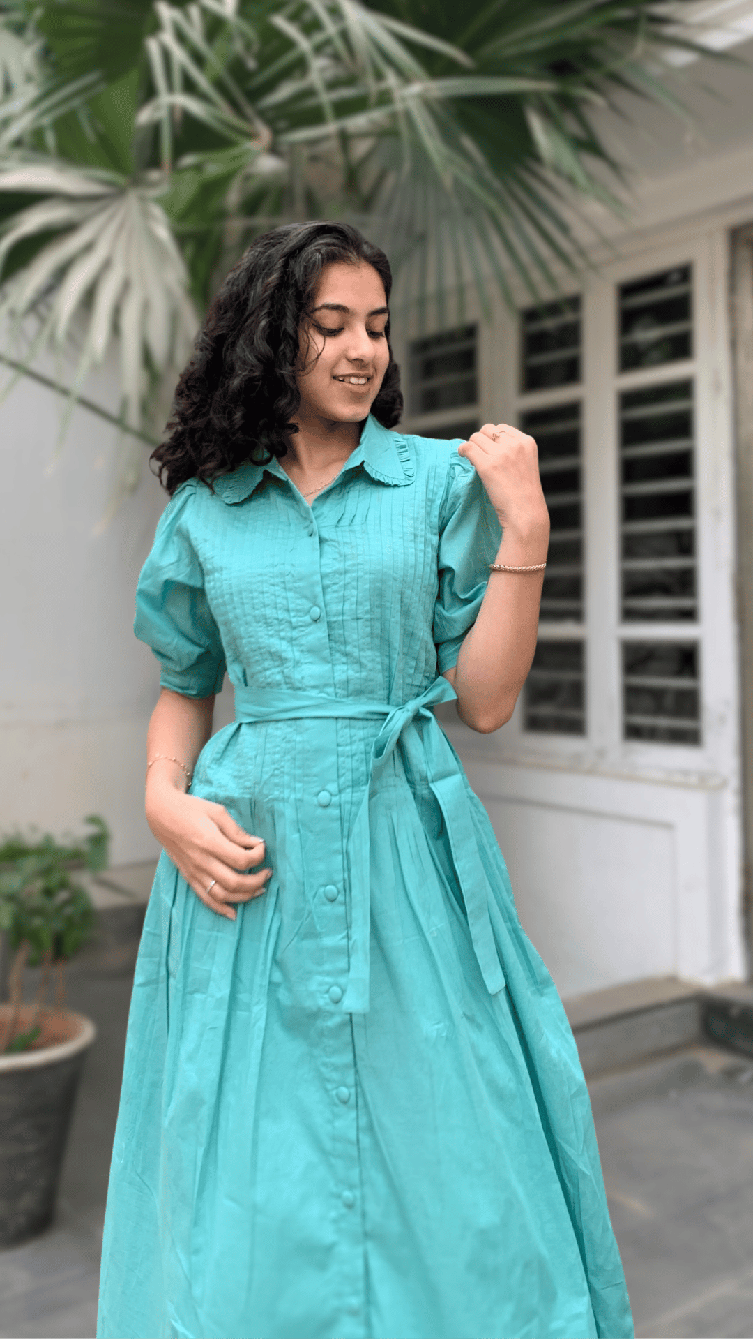 MulMul Teal Pintux Shirt Dress