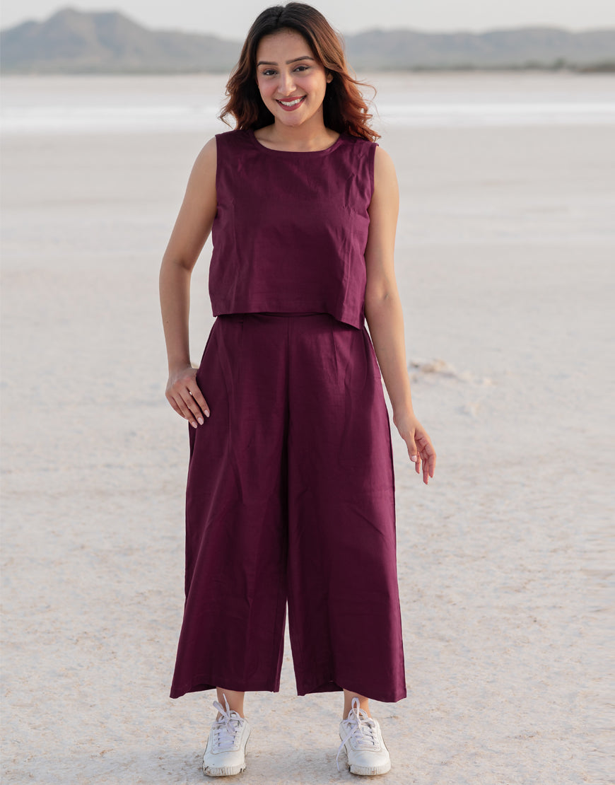 Mulbery Wine Co-ord Set Palazzo & Crop Top