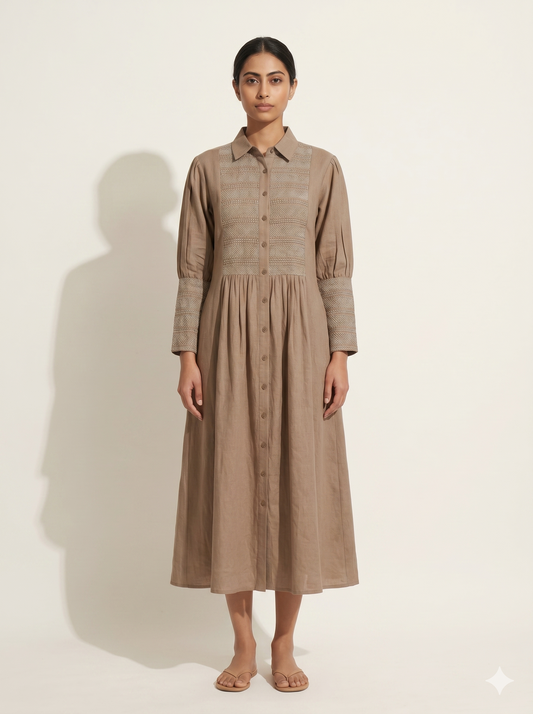 Muted Coffee Smocked Bodice Midi Dress