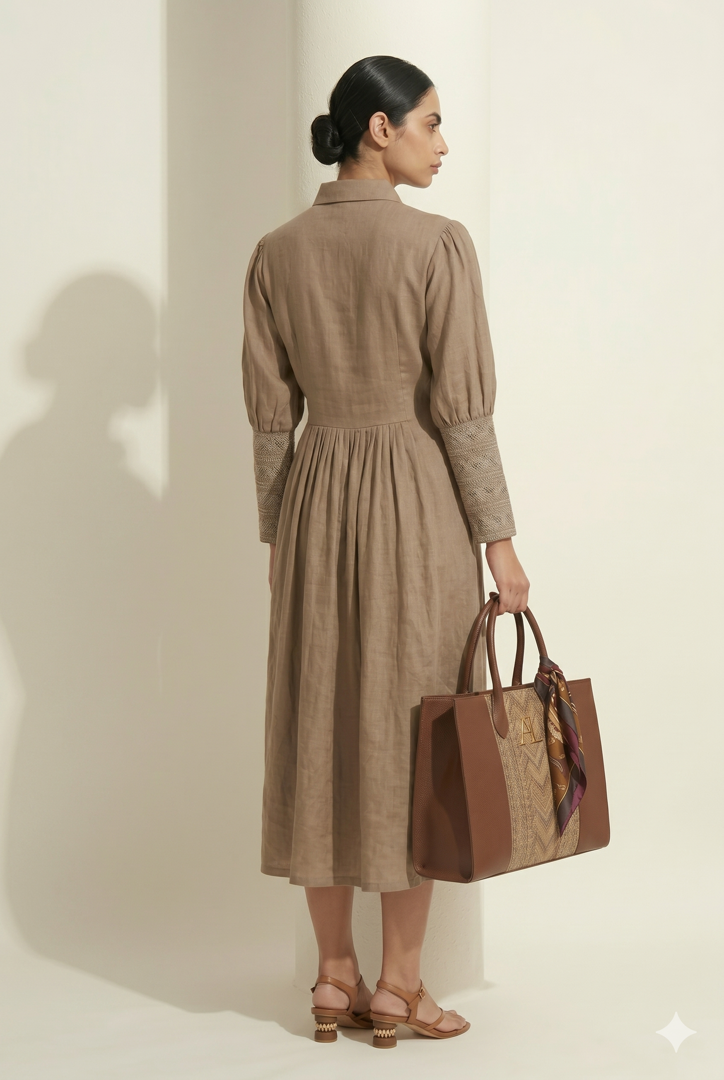 Muted Coffee Smocked Bodice Midi Dress