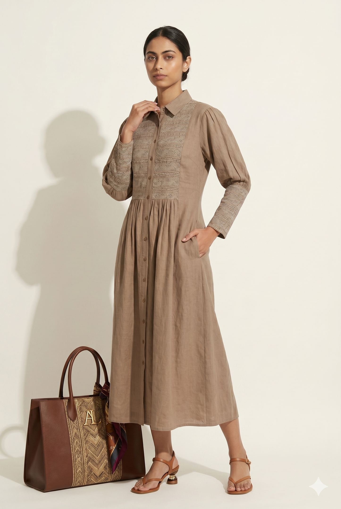 Muted Coffee Smocked Bodice Midi Dress