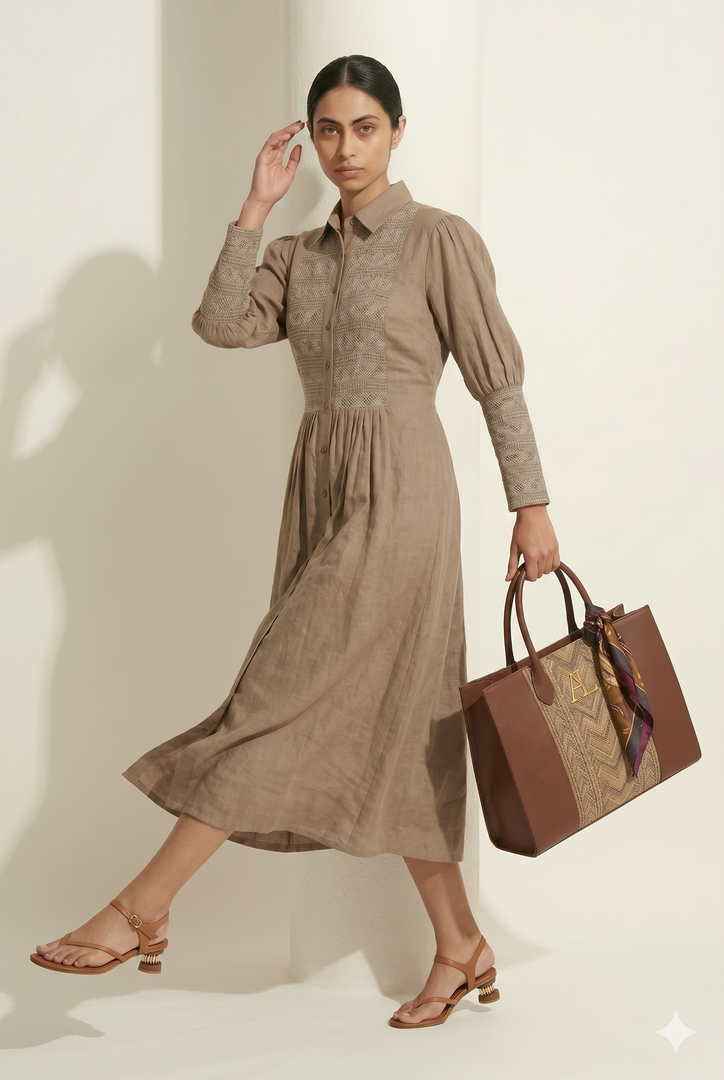 Muted Coffee Smocked Bodice Midi Dress