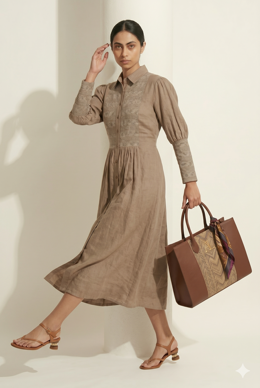 Muted Coffee Smocked Bodice Midi Dress