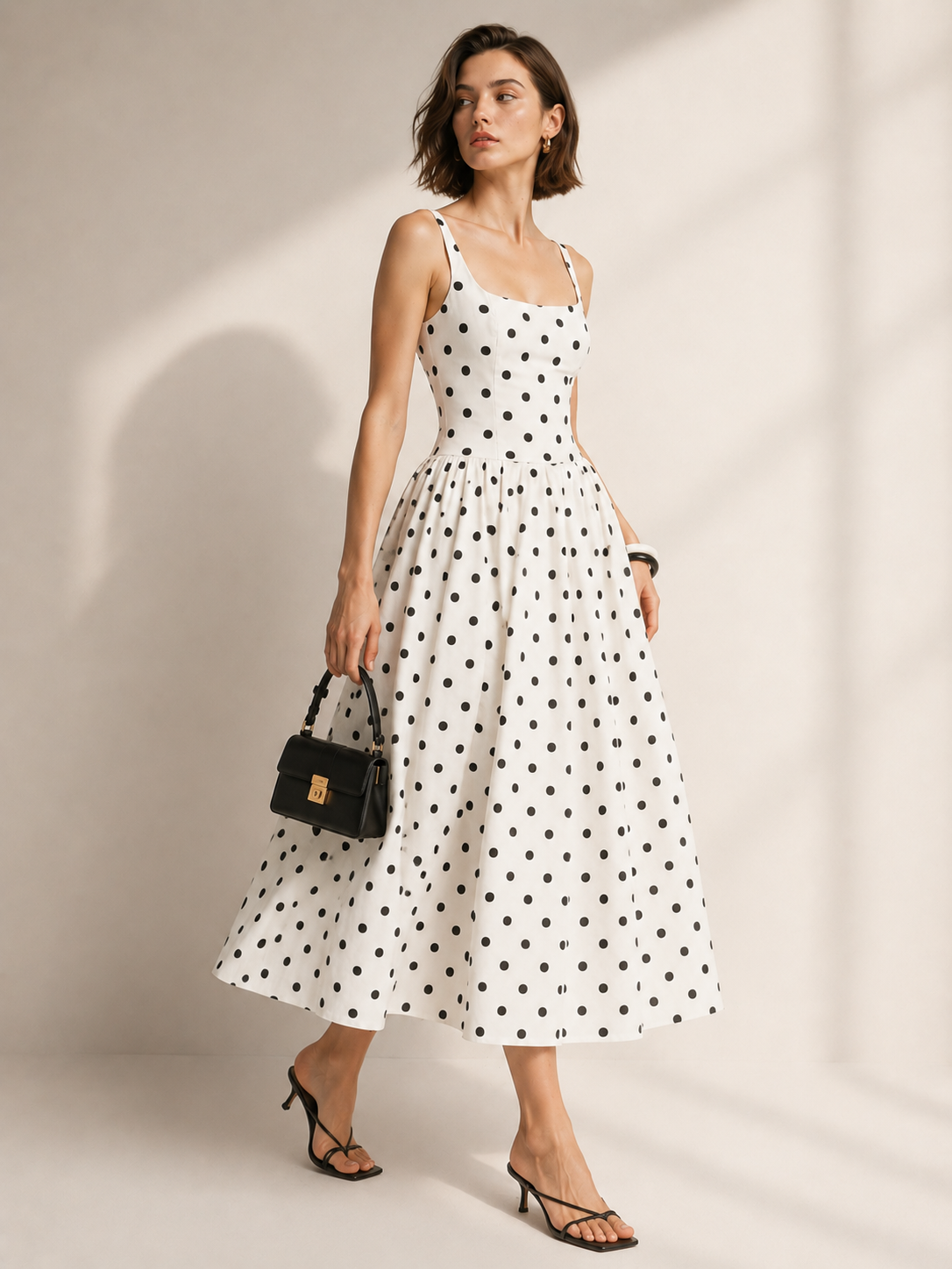 Off White & Black Polka Print Dress