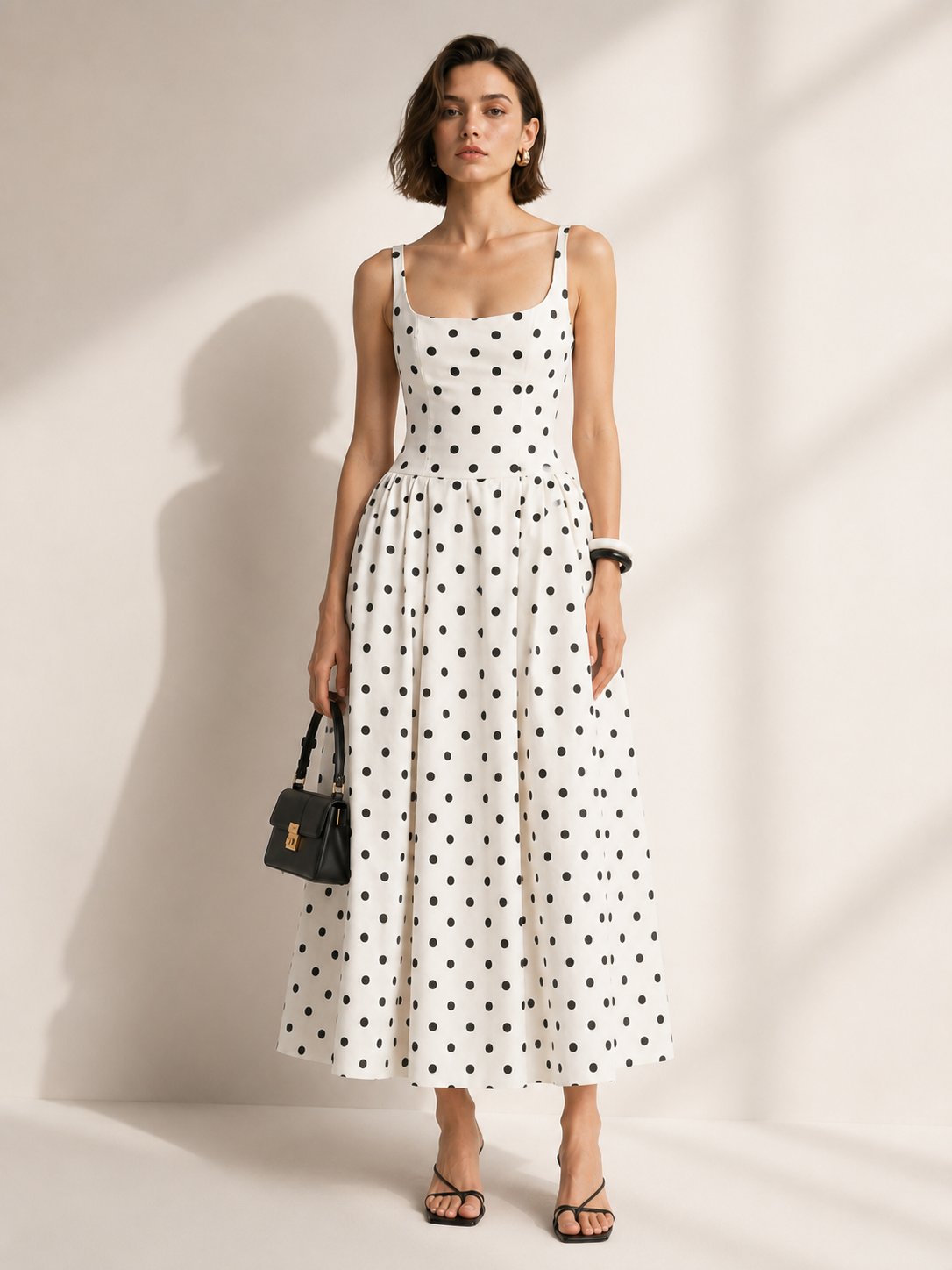 Off White & Black Polka Print Dress