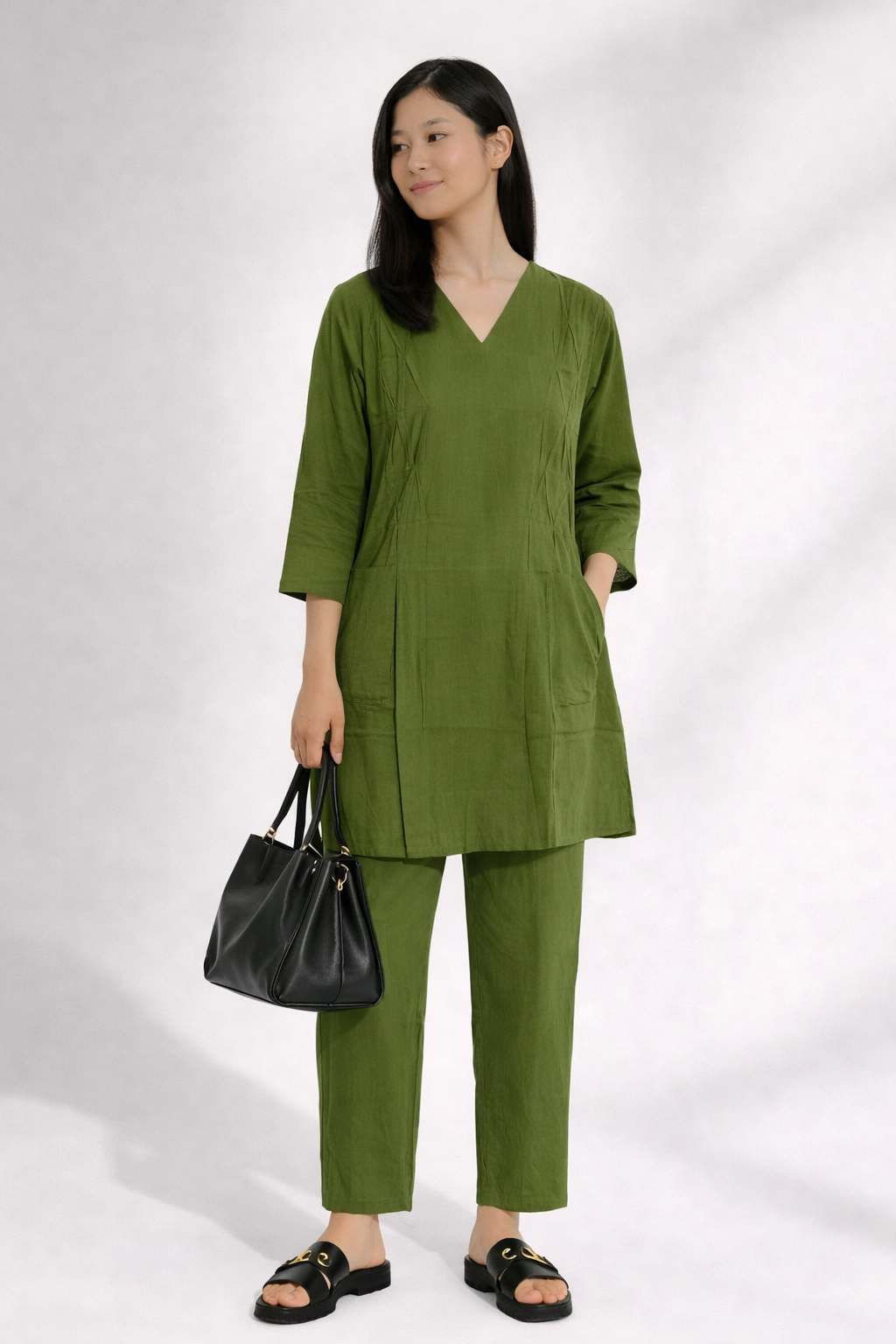 Olive Green V-Neck Cotton Co-Ord Set (1)