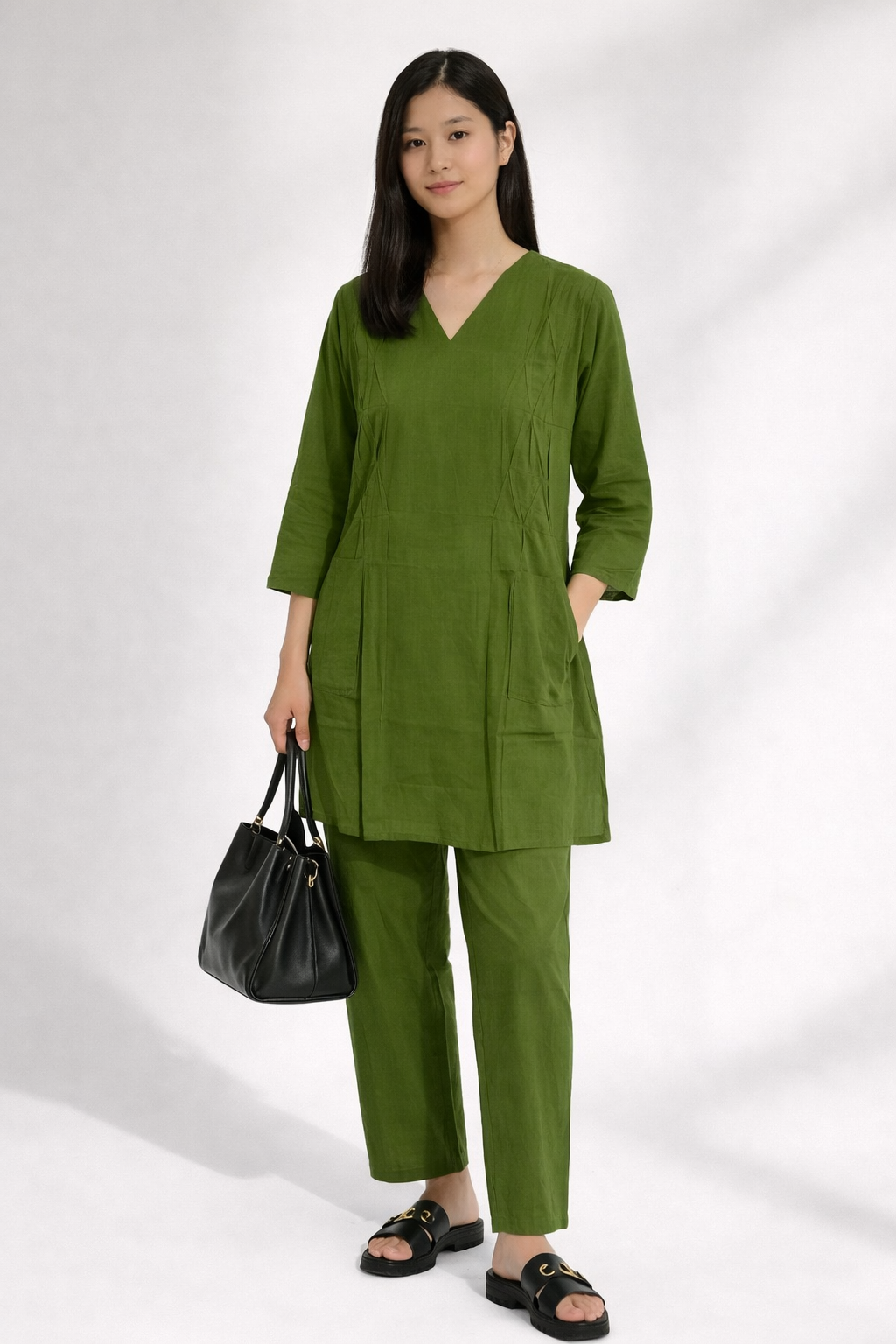 Olive Green V-Neck Cotton Co-Ord Set (1)