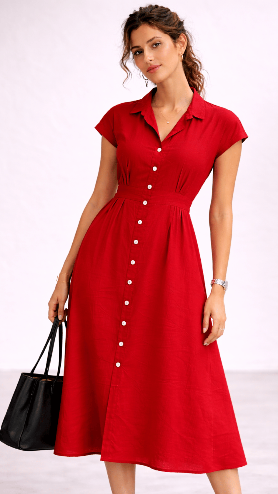 Red Linen Midi Shirtdress