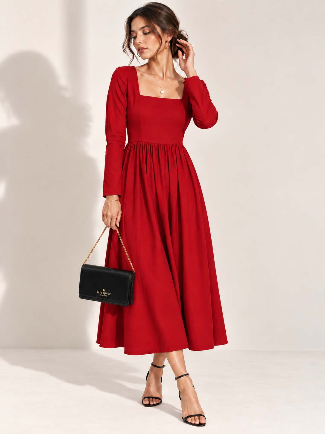 Red Square Neck Full Sleeve Midi dress