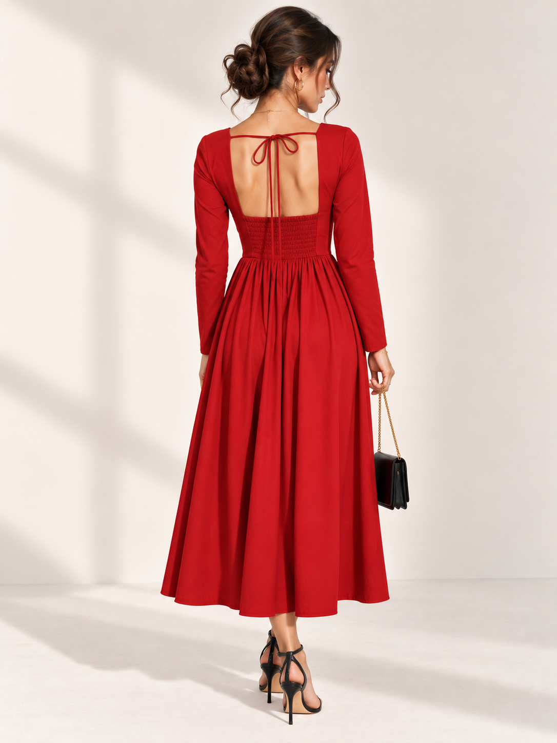 Red Square Neck Full Sleeve Midi dress