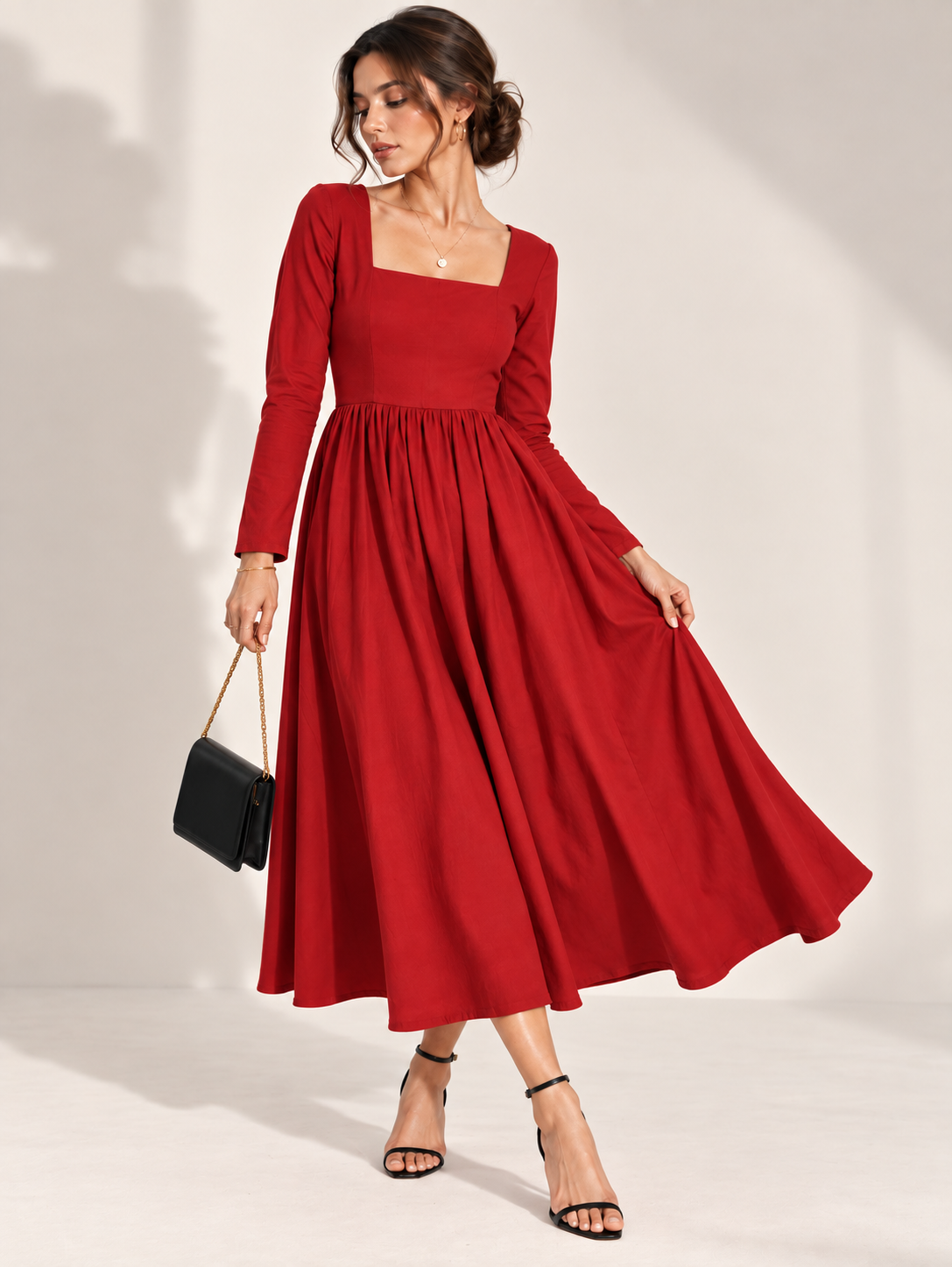 Red Square Neck Full Sleeve Midi dress