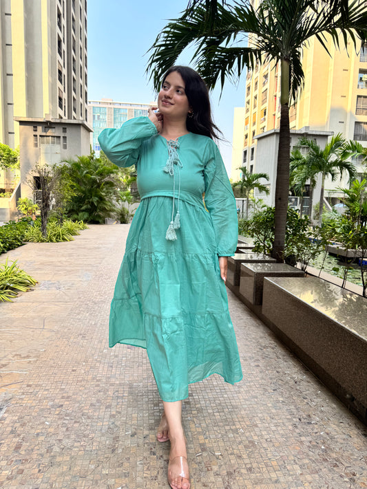 Aqua-Green Tie-Front Maxi Dress