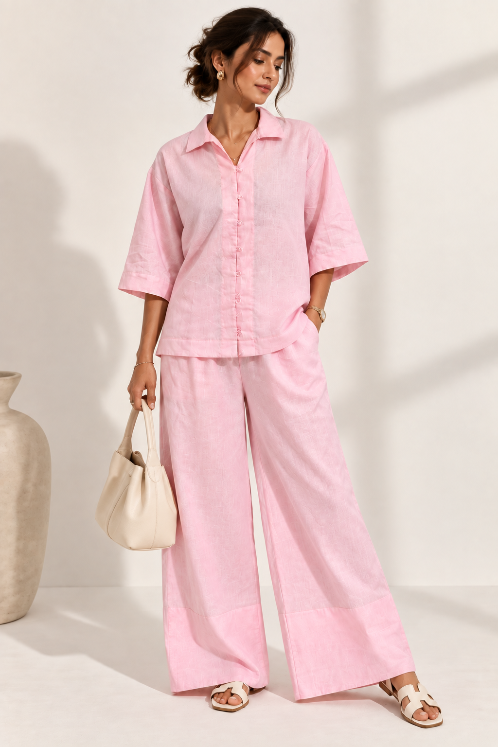 Soft Pink Cottton Linen Relaxed Fit Co-Ord Set