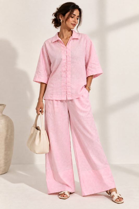 Soft Pink Cottton Linen Relaxed Fit Co-Ord Set