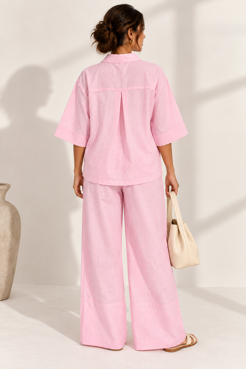 Soft Pink Cottton Linen Relaxed Fit Co-Ord Set