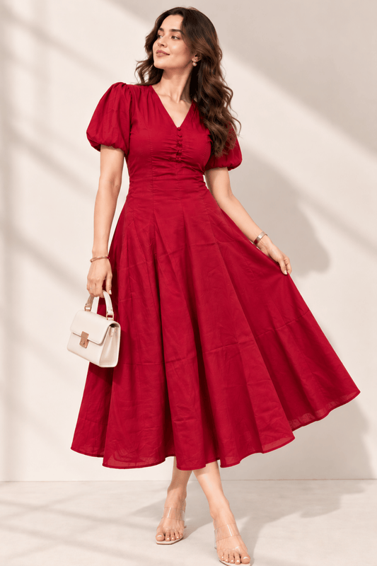 Mulmal Maroon Button Maxi Dress