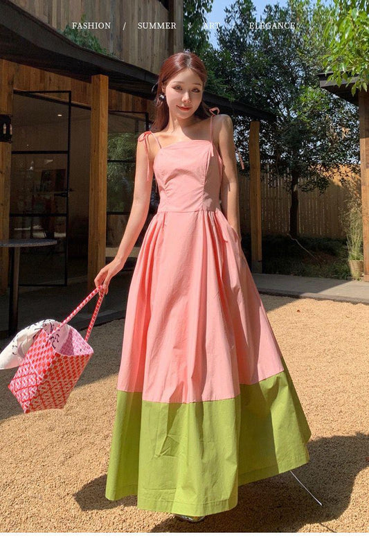 Pink Green Color Block Maxi Dress