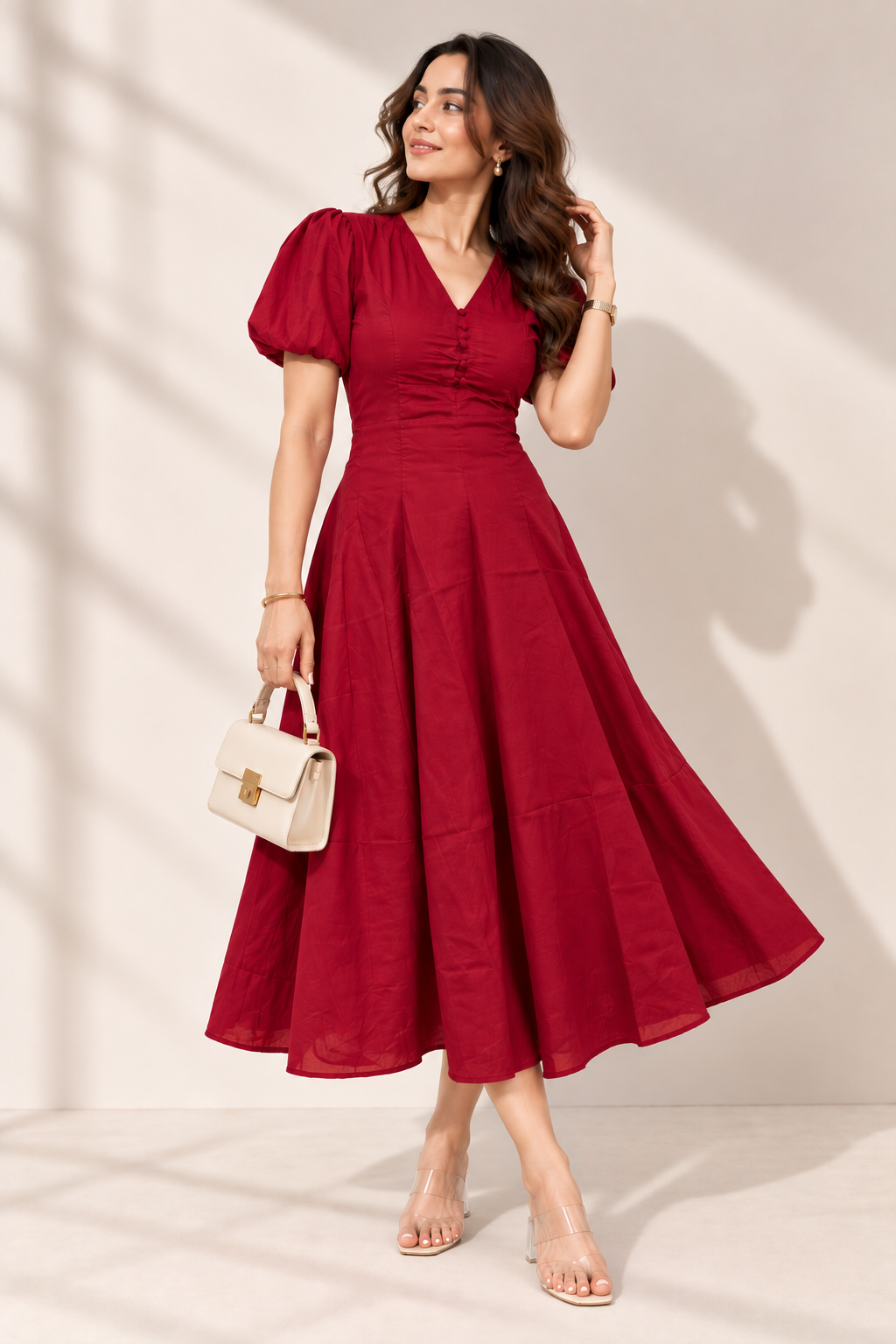 Mulmal Maroon Button Maxi Dress