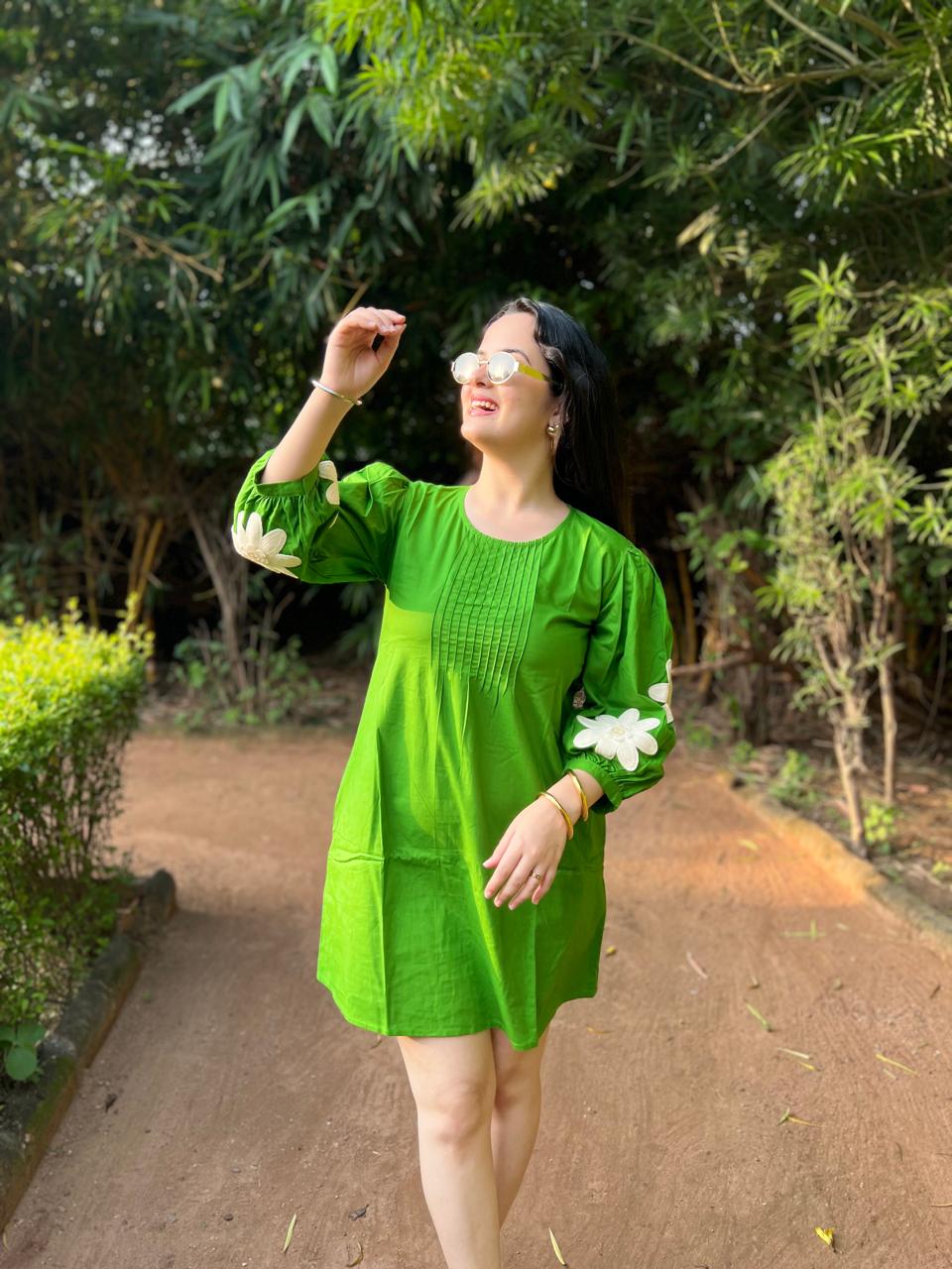 Neon Green Flower Cotton Dress