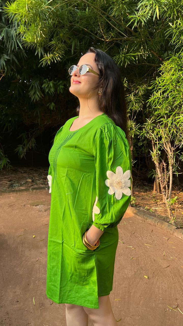 Neon Green Flower Cotton Dress